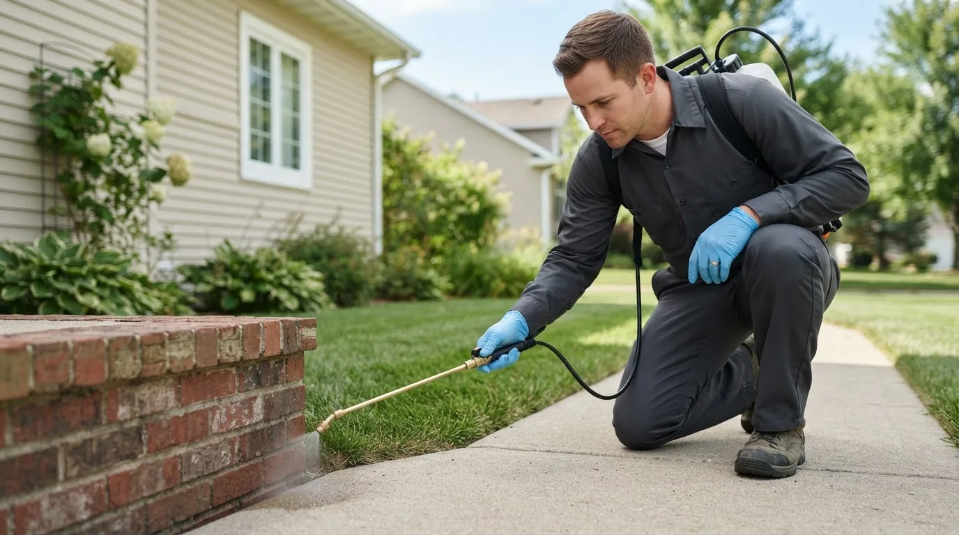 Pest control technician treating a home near Rentiesville, OK