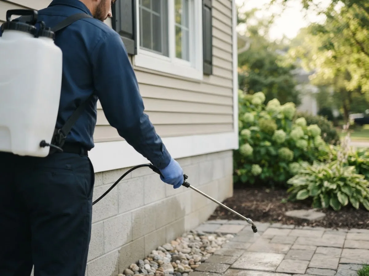 Pest control technician inspecting a home in Rentiesville, OK